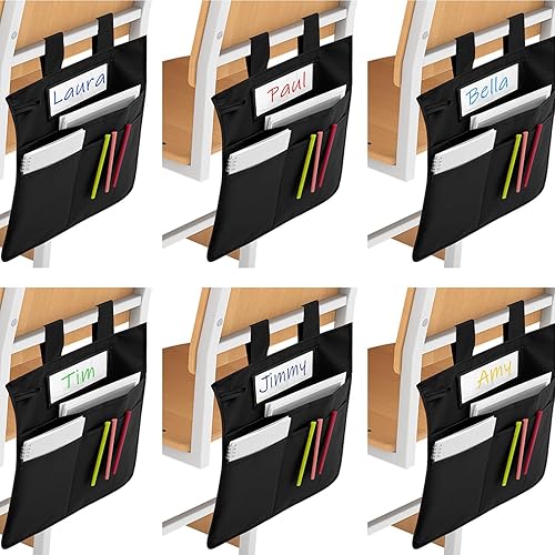 12 bolsillos para silla, organizador de sillas de aula, bolsa de almacenamiento colgante lateral con asa de transporte y ranura transparente para
