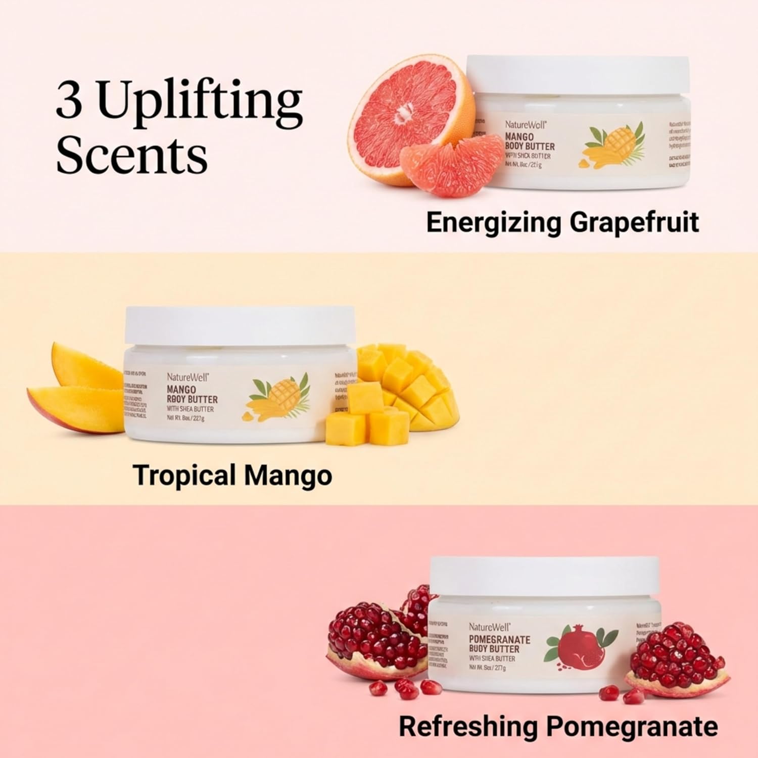 NATURE WELL Shea Body Butter Variety Pack, Includes Grapefruit, Mango, & Pomegranate, Provides Ultimate Nourishment & Hydration, 3 Pack (8 Oz Ea) - Image 4