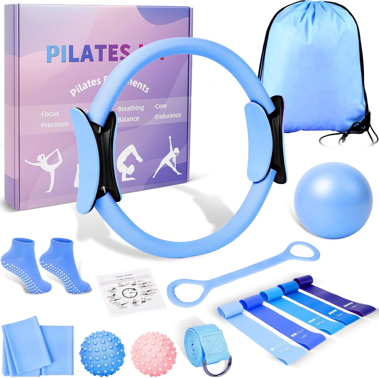Pilates Ring and Ball Set for Women, Home Workout Pilates Kit, Magic Circle Hoop with 5 Resistance Bands, Pilates Equipment Fitness Essentials Starter Set Accessories