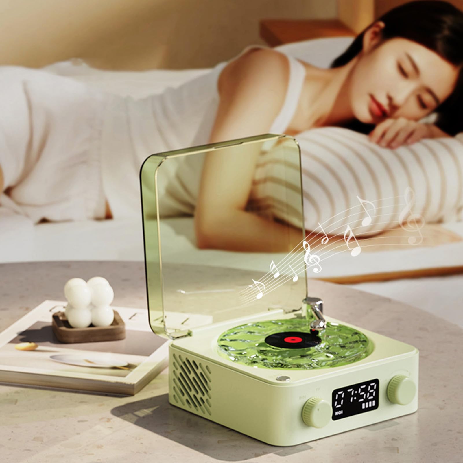 Odtwarzacz Waves, Głośnik Bezprzewodowy z Podświetleniem Nocnym i Wyświetlaczem Czasu, Dźwięk Stereo w Stylu Mini Magnetofonu do Sypialni, Biura, Imprezy, Idealny dla Dziewczynek
