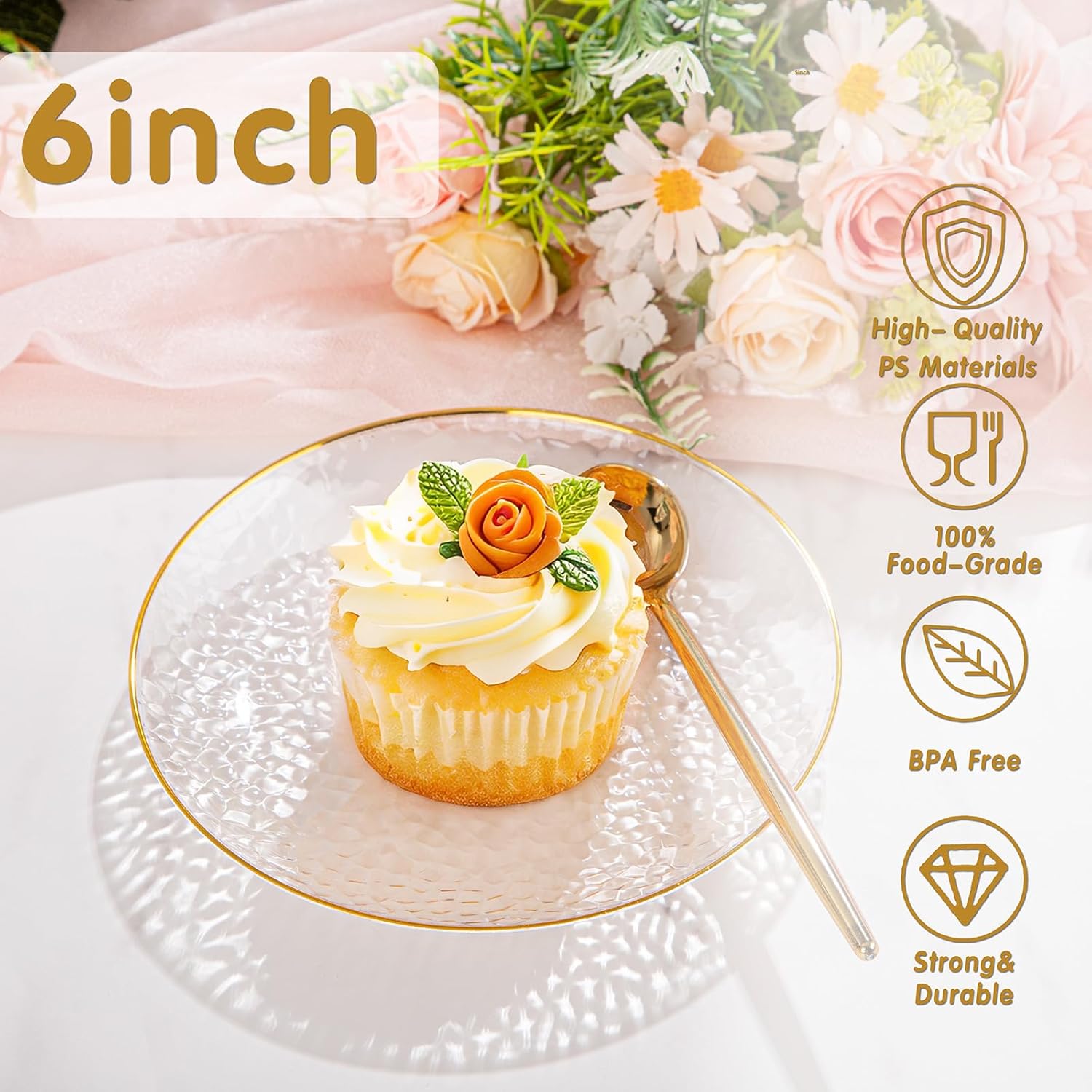 Rubtlamp 100 Pack Clear Gold Plastic Dessert Plates, 6Inch Clear Gold Small Appetizer Plates With Hammered, Heavy Duty Disposable Salad Plate, Elegant Cake Platos for Wedding, Birthday, Teatime - Image 8