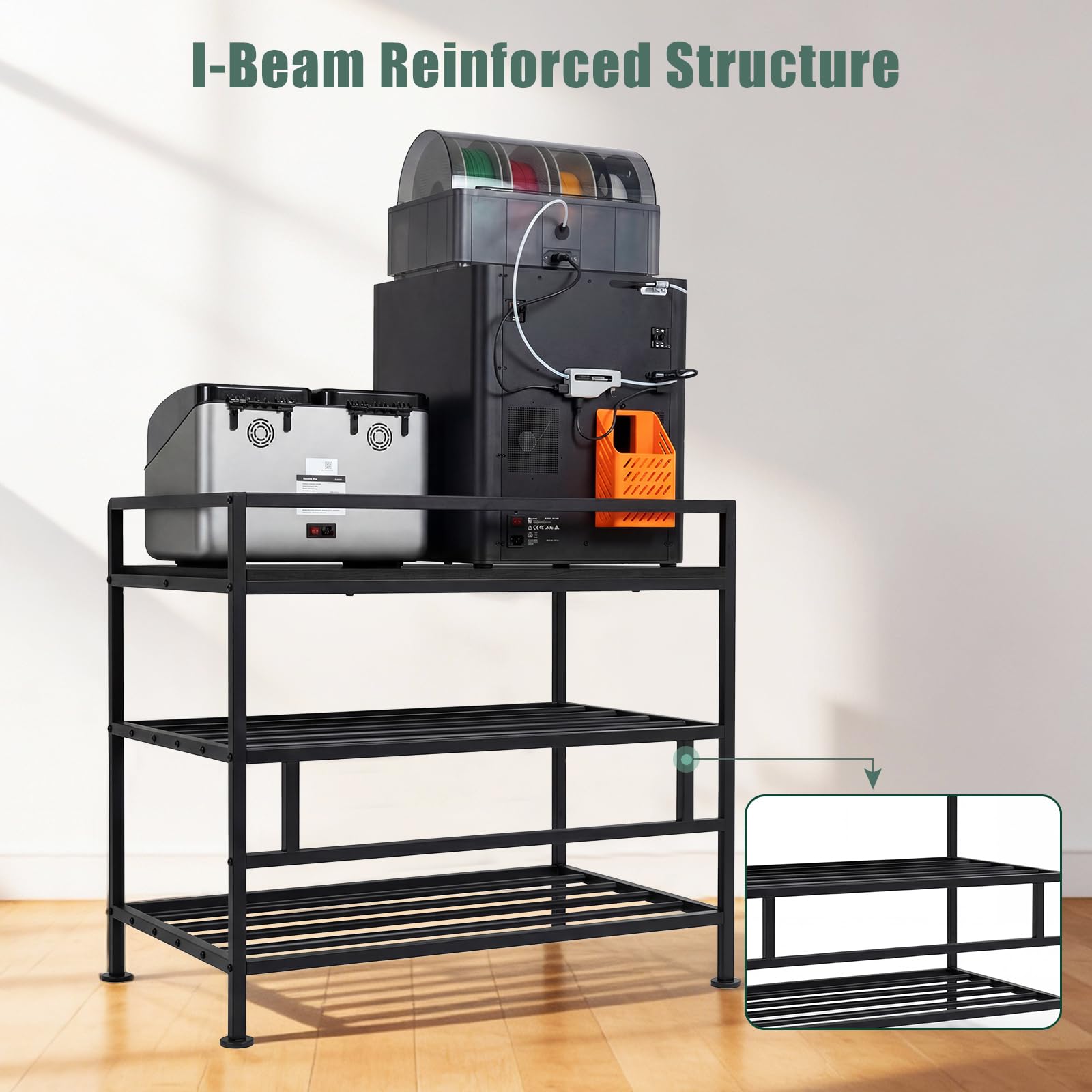 Supporto di Stoccaggio per Filamenti 3D da 840 x 550 x 760 mm Ripiano per Filamento per Stampante 3D a 3 Livelli con Contenitore per Filamenti e Ruote, per Ufficio e Officina, Nero