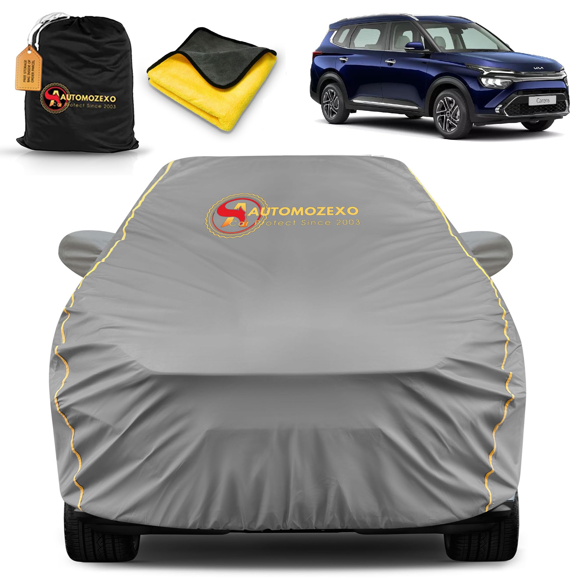 AUTOMOZEXO Kia Carens Cover Waterproof uvray dust ding Outdoor Indoor Parking Protection Piping Design with Mirror antena Pocket Buckle Hook Full Elastic Better Fitting for All kia carens | Grey
