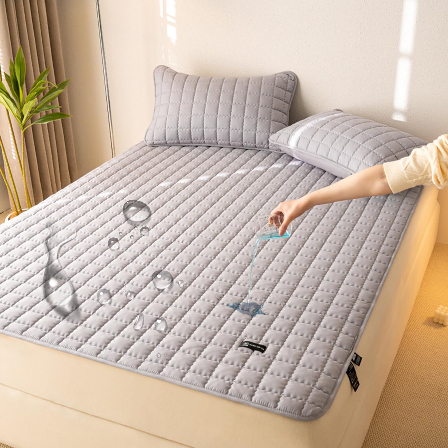 LDLCYCN ,A/grey,150 * 200cm/QUEEN, Waterproof Mattress Pad Cover with Corner Strap Quilted Mattress Protector