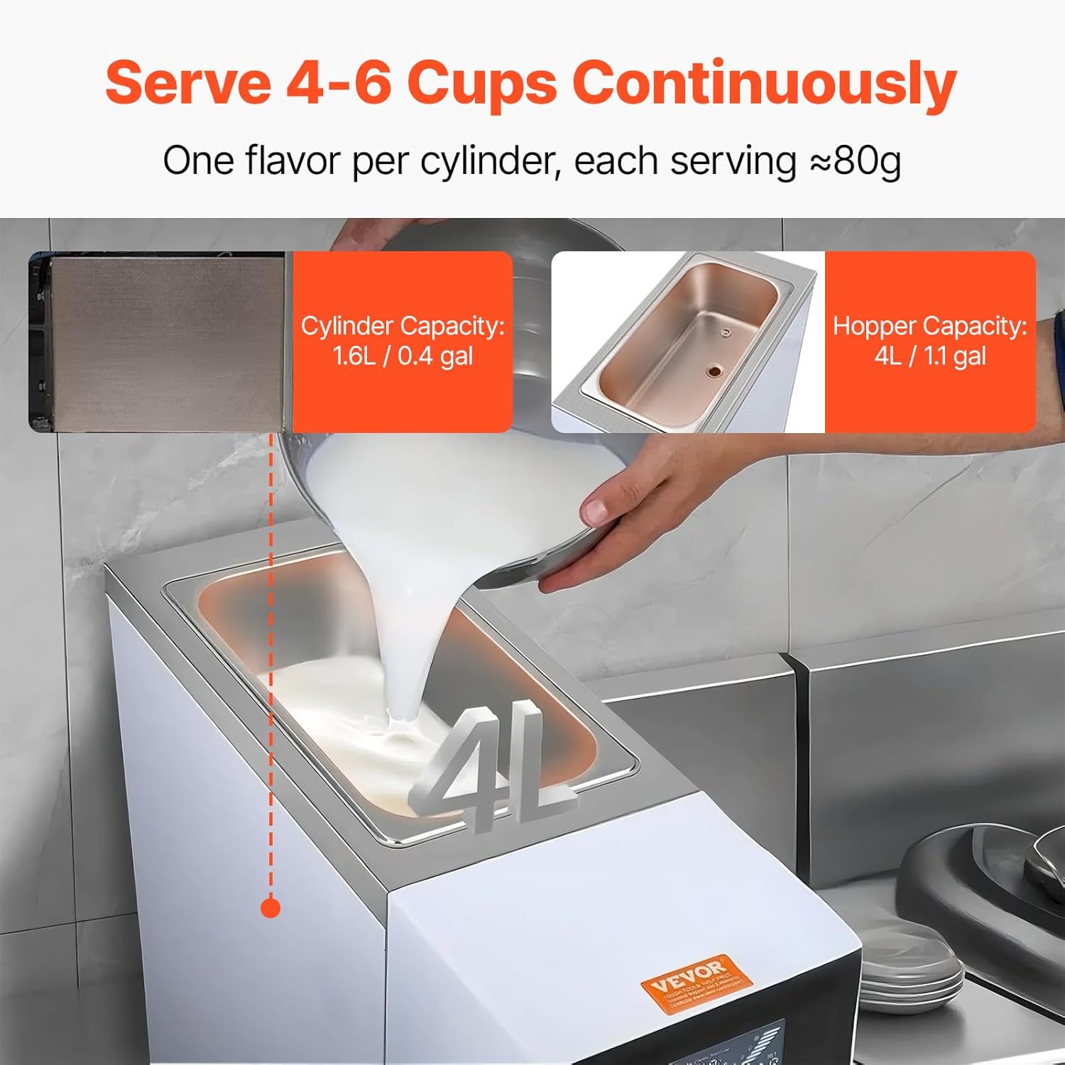 VEVOR Commercial Ice Cream Machine,1000W Single Flavor Countertop Soft Serve Ice Cream Maker with 4L Hopper 1.6L Cylinder, LCD Panel Auto Clean Pre-cooling,10.6 QT/H Yield for Restaurant Snack Bar