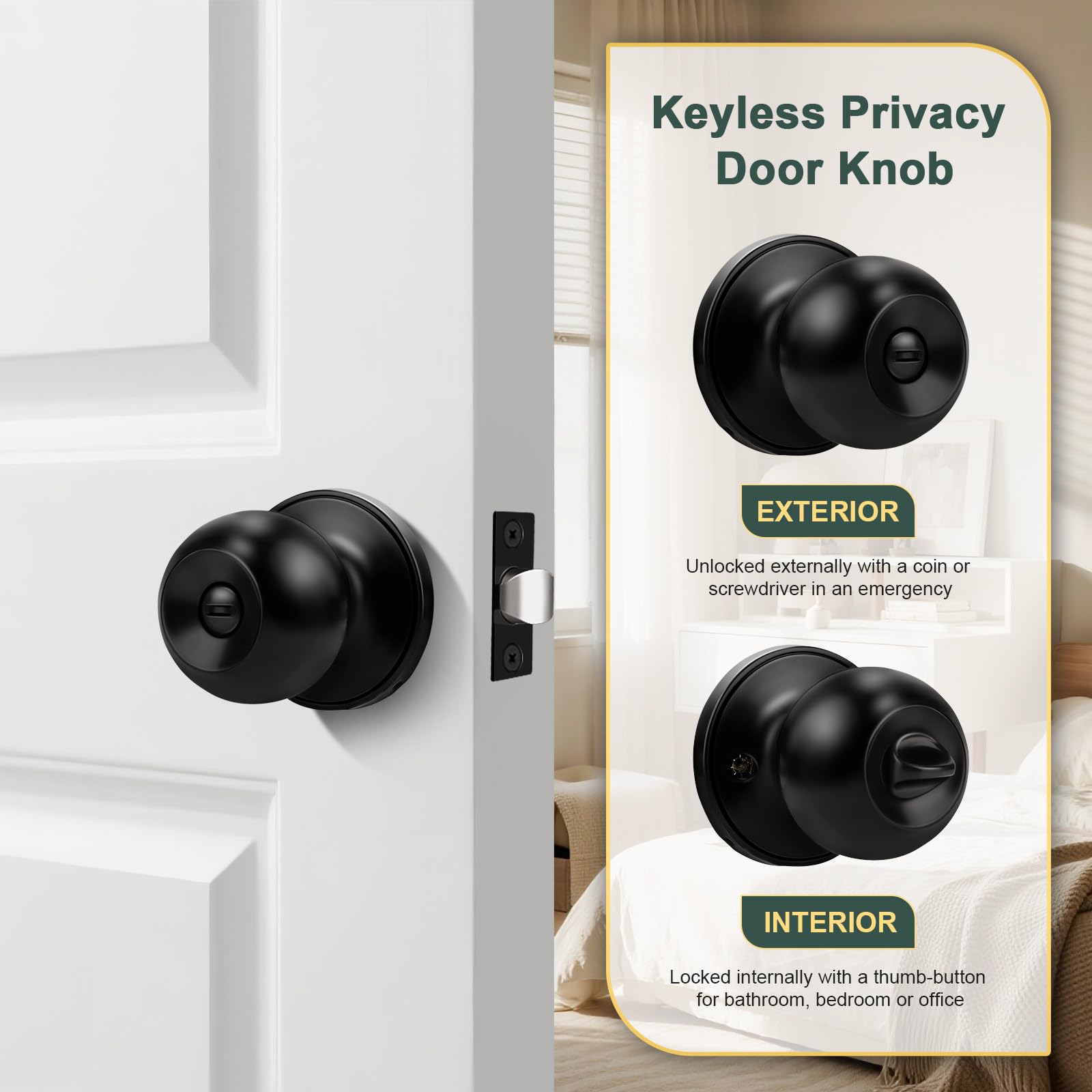 Black Interior Door Knobs - 10 Pack, Keyless Privacy -2