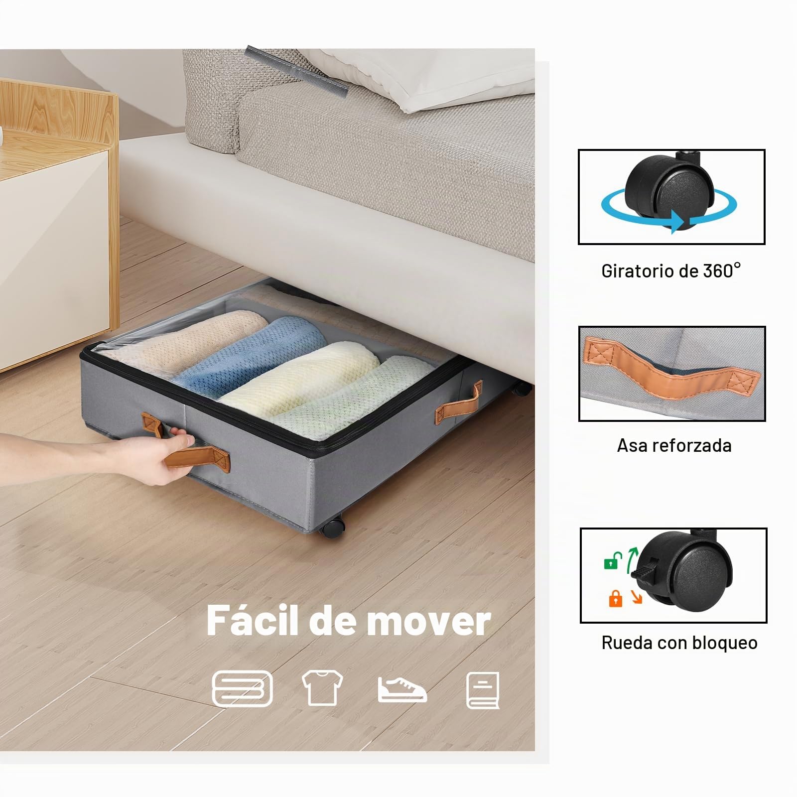 2 Piezas Organizador Ropa, Caja de Almacenamiento Debajo de la Cama Con Ruedas Giratorias de 360°, Cajas Almacenaje Ropa con Ventana Transparente Para Ropa, Zapatos y Mantas