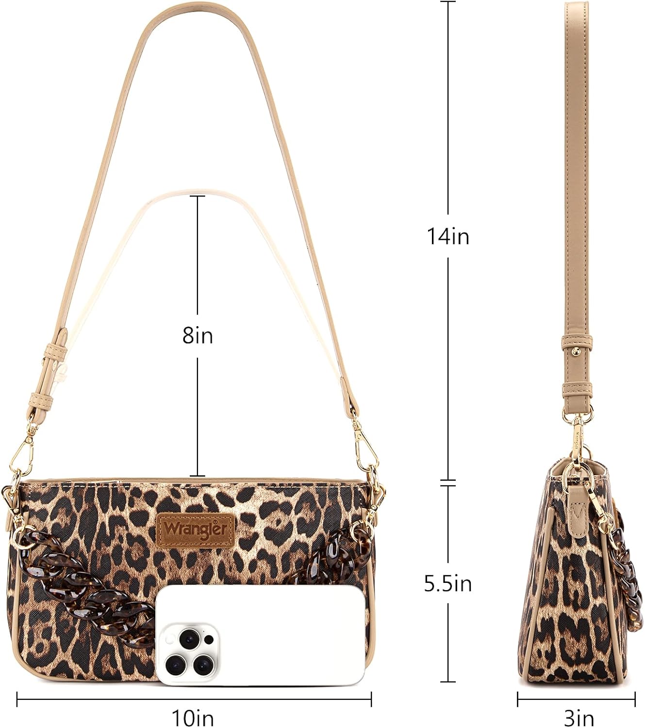 Wrangler Small Women's Shoulder Bag Retro Cheetah Clutch Purse with Acrylic Chain - Image 3