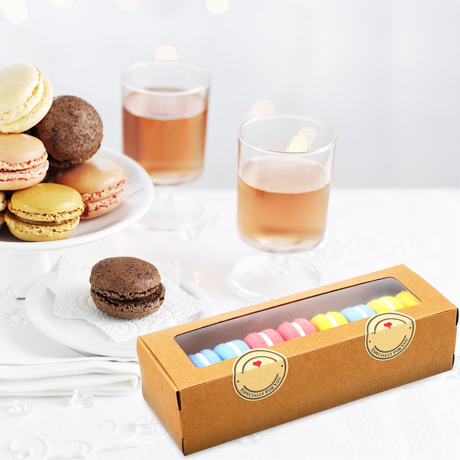 GANAZONO Boîtes d'Emballage pour Macarons Maison Kraft 50 Unités Fenêtre Transparente et Autocollants pour Transport et Présentation de Macarons
