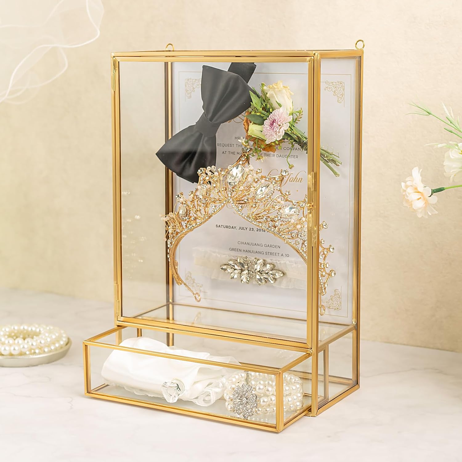 Shadow Box Frame, 3.5" Deep Wedding Shadow Boxes Display Case with Drawer, Glass Gold Shadow Memory Box for Picture, Wedding Bouquet, Pet Memorial and Keepsakes