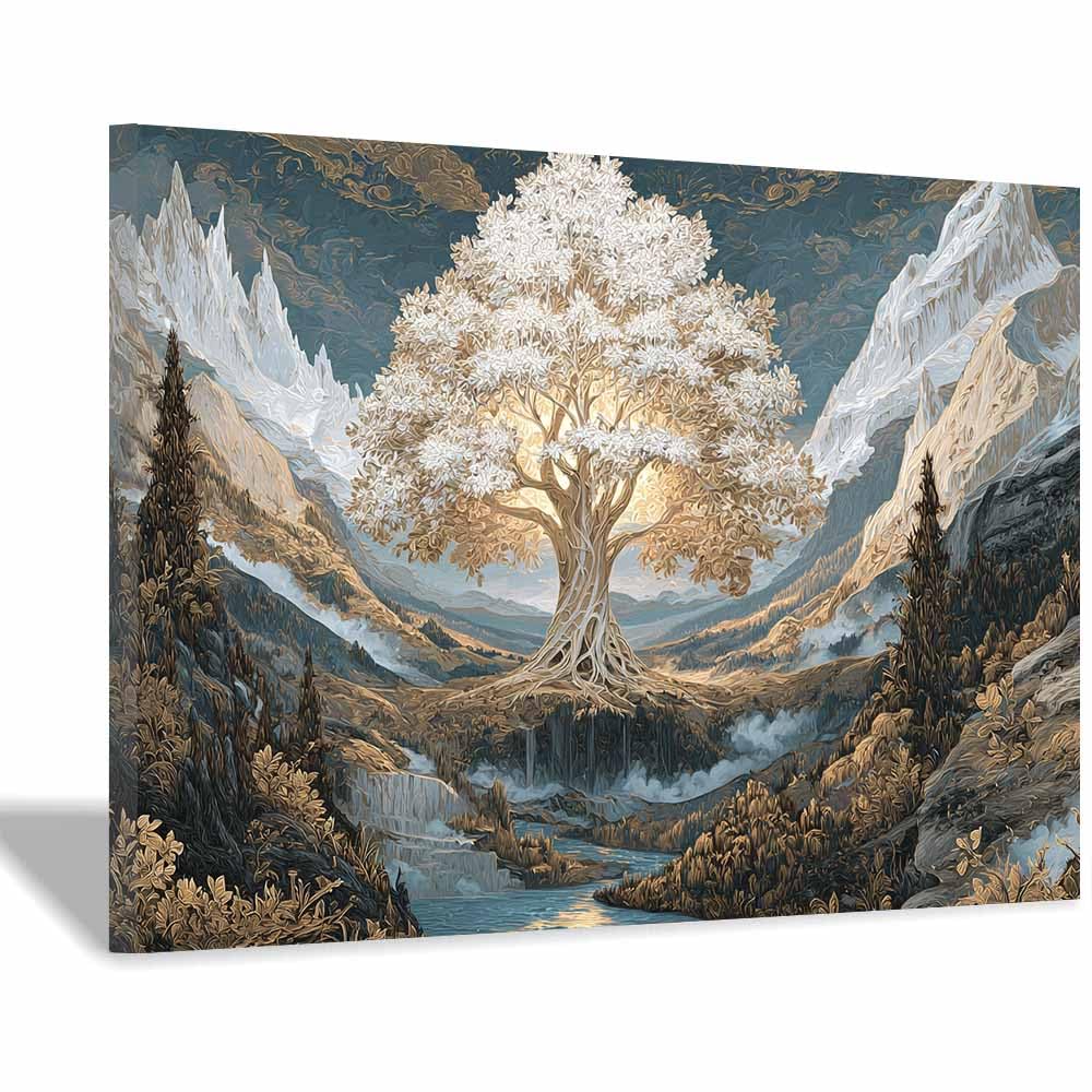 ZAMAEIU The tree of life Mountain-nesting trees Canvas Paintings Abstract Tree,Wall Art Poster Modern Room Bedroom Home Decor Geometric Print Patterns(white)-70x100cm Framed