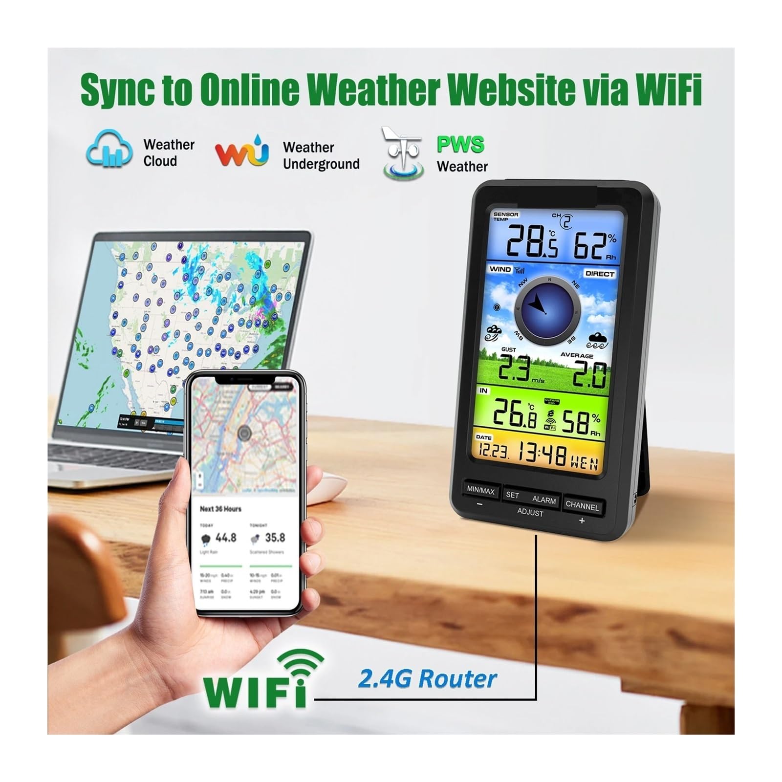 Stacja pogodowa, Stacja pogodowa z anemometrem WiFi - bezprzewodowy cyfrowy termometr i higrometr z wewnętrznym/zewnętrznym czujnikiem prędkości/kierunku wiatru