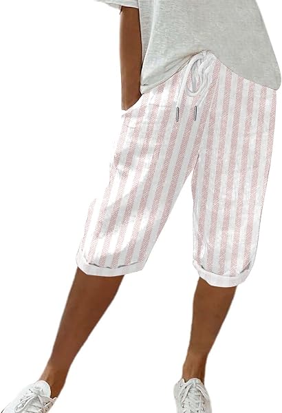 Short Long Femme Lin - Short D'éTé - Shorts Et Bermudas Femme - Taille éLastique - Genou - Rayé - Respirants Léger DéContractéE Plage Pantalon Court avec Cordon de Serrage et Poches - 1
