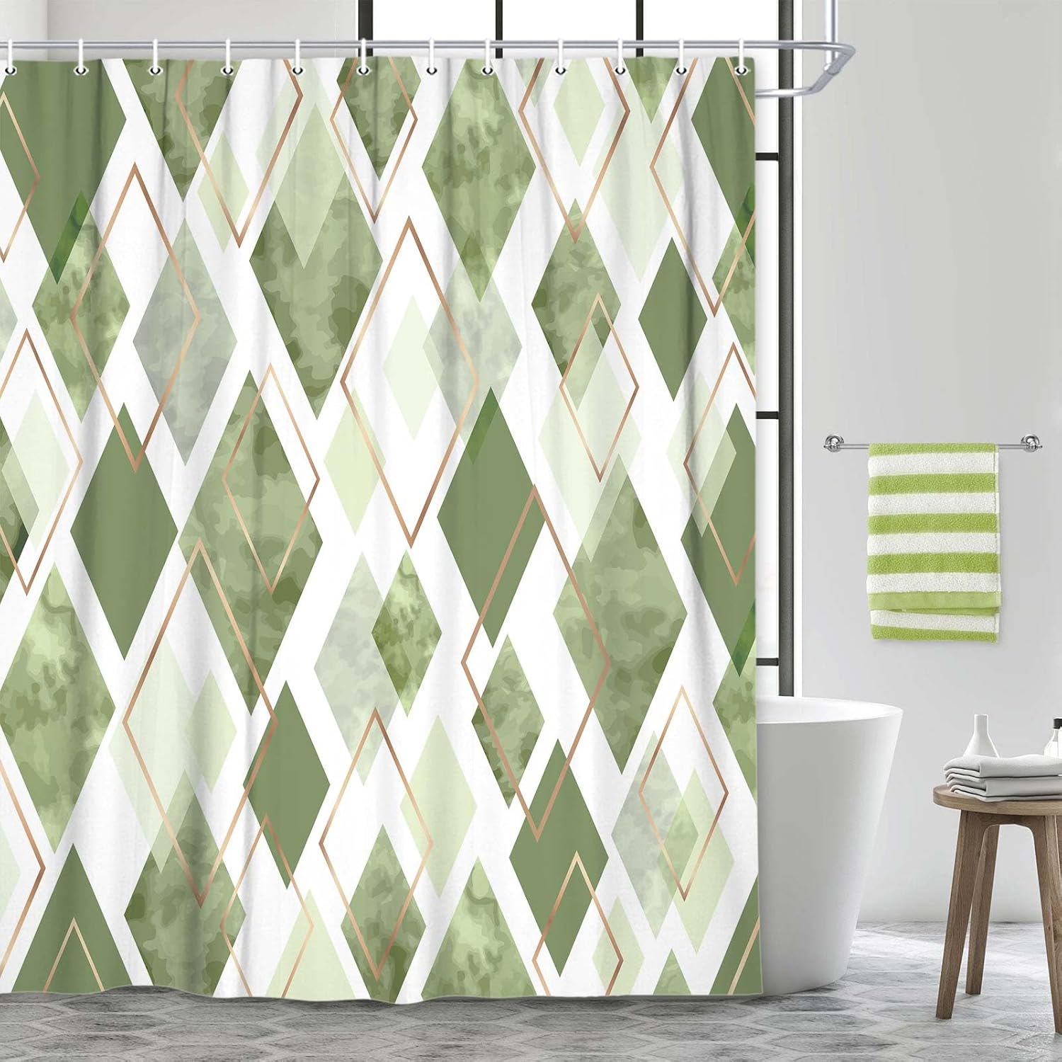 Sage Green Shower Curtain Set, Modern Geometric Diamond Pattern Print Art Decor Waterproof Bath Curtain, Green Gold Abstract Fabric Polyester Shower Curtains with Hooks for Bathroom,72X78IN