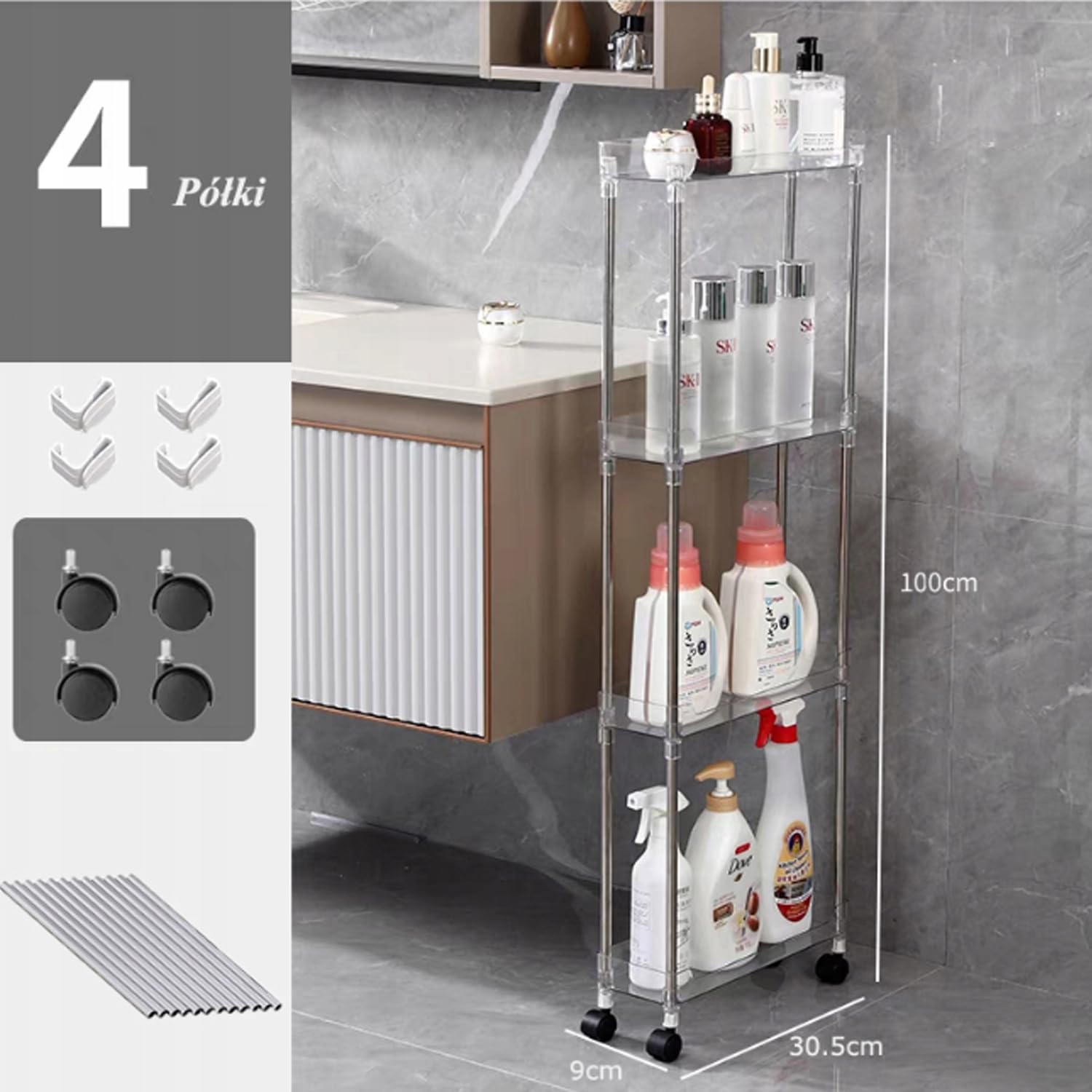 Hooha Carrello sottile a 4 ripiani, larghezza 9 cm, con ruote, multiuso per cucina, bagno, biancheria, punti stretti, plastica e acciaio inox, trasparente