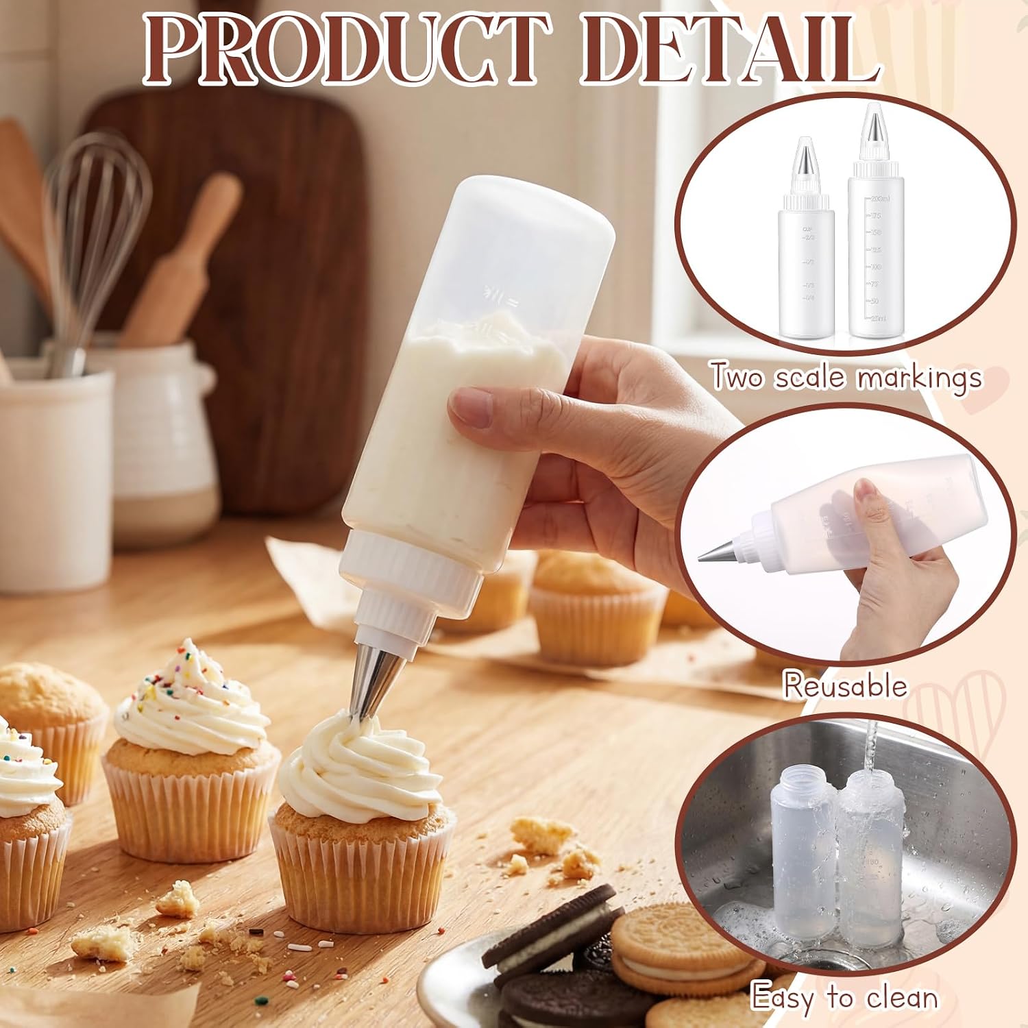 Zhehao 5 Pcs Piping Bottles and Piping Bags for Icing Cookie Decorating Supplies Plastic 4 oz & 8 oz Squeeze Bottles with Different Tips for Cookie Icing Kit Pancake Squeezing Applicator Writer