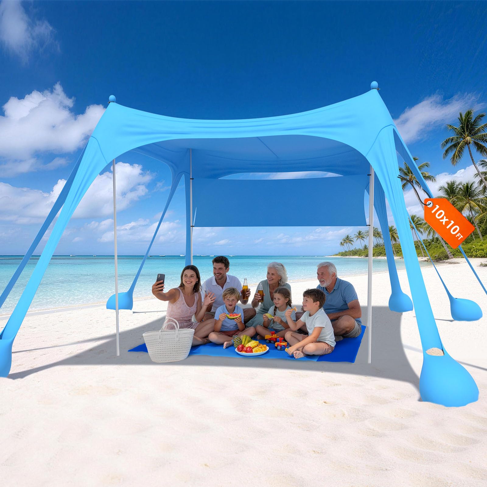 HOPERAN Beach Tent Sun Shelter, UPF50+ UV Protection, 10x10FT Pop Up Shade Beach Canopy Windproof for Outdoor Camping, Fishing, Picnics with 8 Sandbags, 1 Beach Mat, 1 Sideshade, 4 Stability Poles