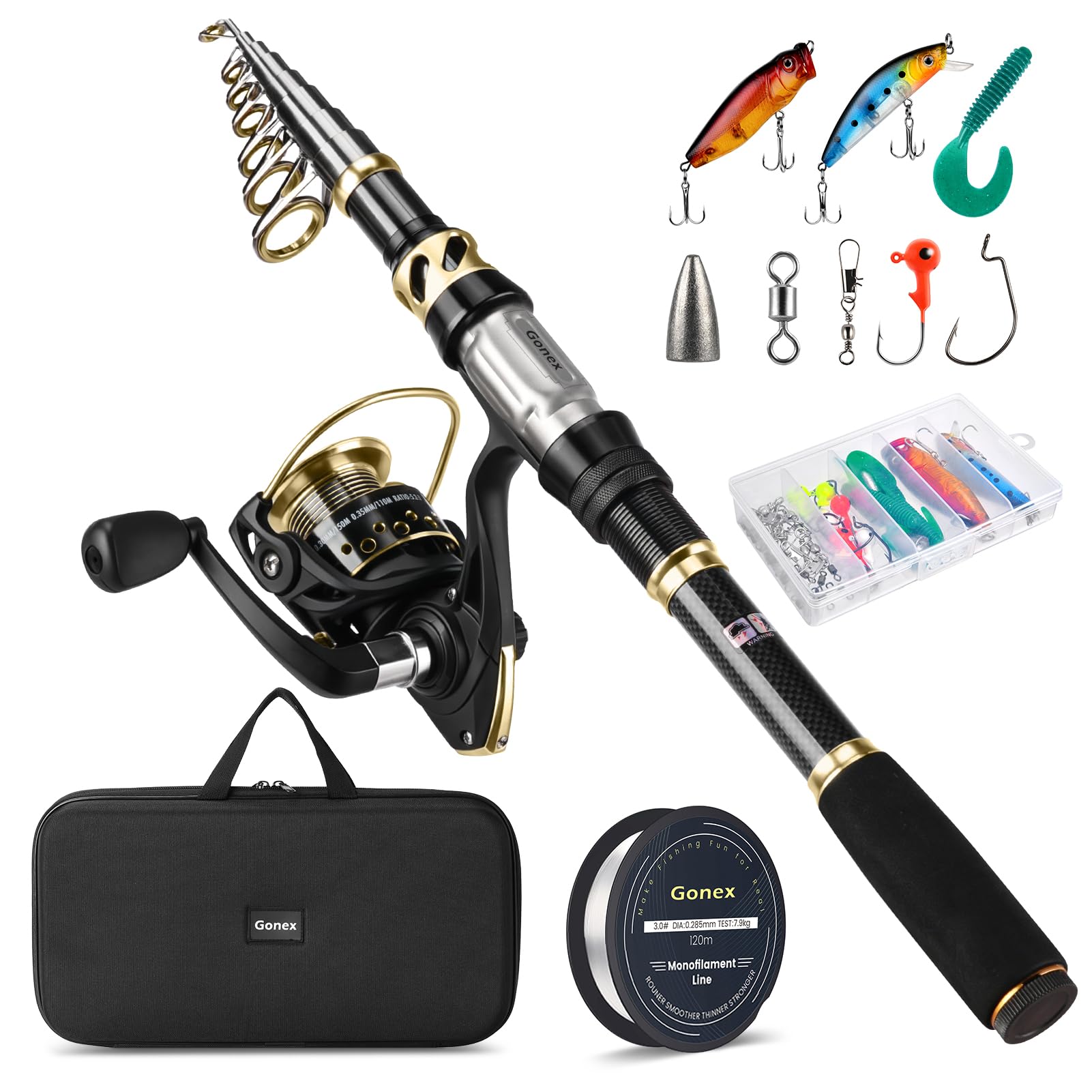 Gonex Teleskop-Angelrute und Rollen-Set mit Angelschnur, Angelköder-Set und Zubehör und Tragetasche für Salzwasser und Süßwasser