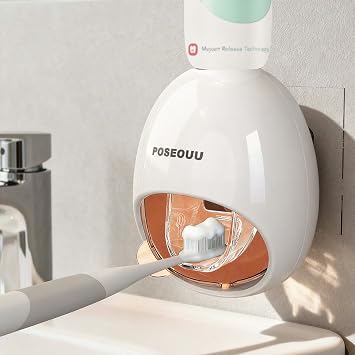 Toothpaste Dispenser Wall Mounted for Bathroom Automatic Toothpaste Squeezer for Kids and Adult with Custom Cleaning Brush & 2 Heavy-Duty Adhesive Pads Rouge Powder