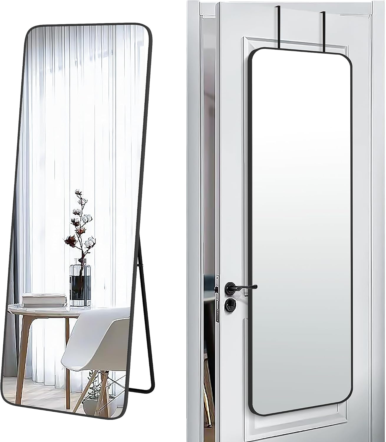 57x20 Inch Full Length Door Hanging Mirror with Floor Stand, Black Metal Frame Wall Mounted Tempered Glass Dressing Mirror for Bedroom Living Room