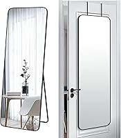 57x20 Inch Full Length Door Hanging Mirror with Floor Stand, Black Metal Frame Wall Mounted Tempered Glass Dressing Mirror for Bedroom Living Room