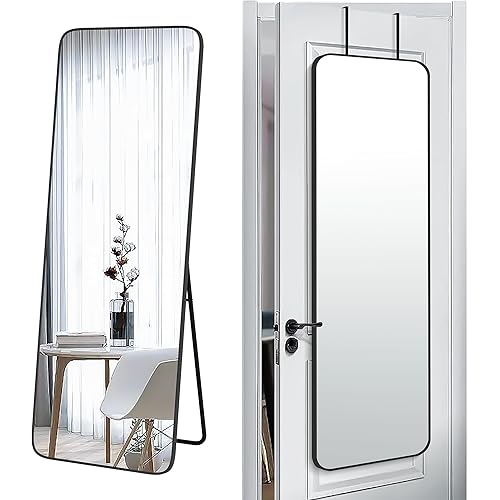 57x20 Door Hanging Full Length Mirror, Floor Stand (Height 5.7ft just Body in1.3ft) Wall Mounted Metal Frame Rectangle Dressing Mirrors for Bedroom Living Room 57 inch Black