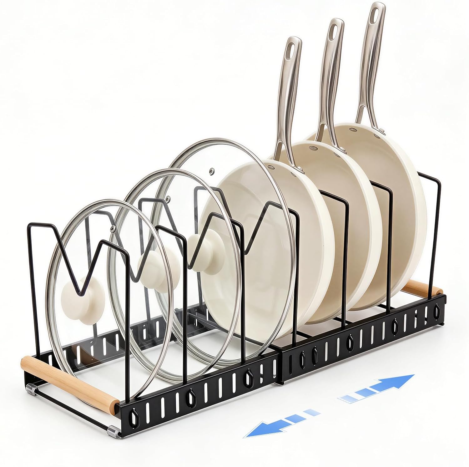 Pot and Pan Organizer Rack for Countertop and Cabinet, Expandable Pot Lid Organizer Holder with 7 Adjustable Compartment for Kitchen Cookware Cake Molds Cutting Boards Storage Rack (1 Pack,Black)