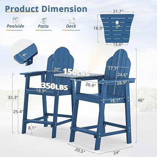 Miniatura 2 de LUE BONA Juego de 2 sillas altas Adirondack de polietileno reciclado con soporte para tazas, 25.6 pulgadas, 300 libras, ecológicas, resistentes a
