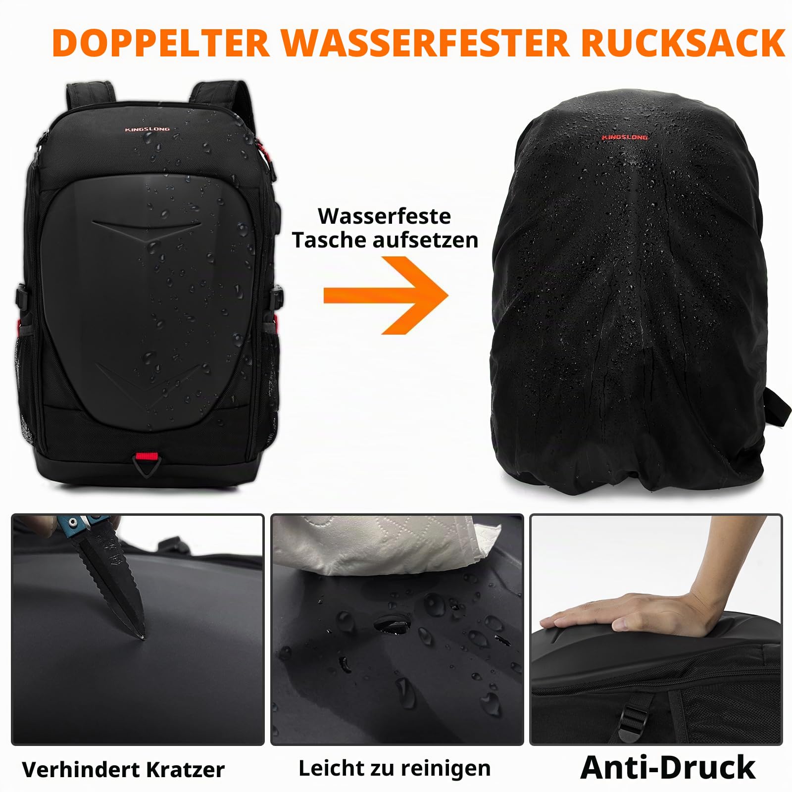 KINGSLONG Motorradrucksäcke für Herren,Rucksack Laptop Herren 15-17,3 Zoll | Tech Wasserdicht Gaming Rucksack mit USB-Anschluss Reisen Rucksäcke Hartschale Motorrad Rucksack Outdoor - Schwarz
