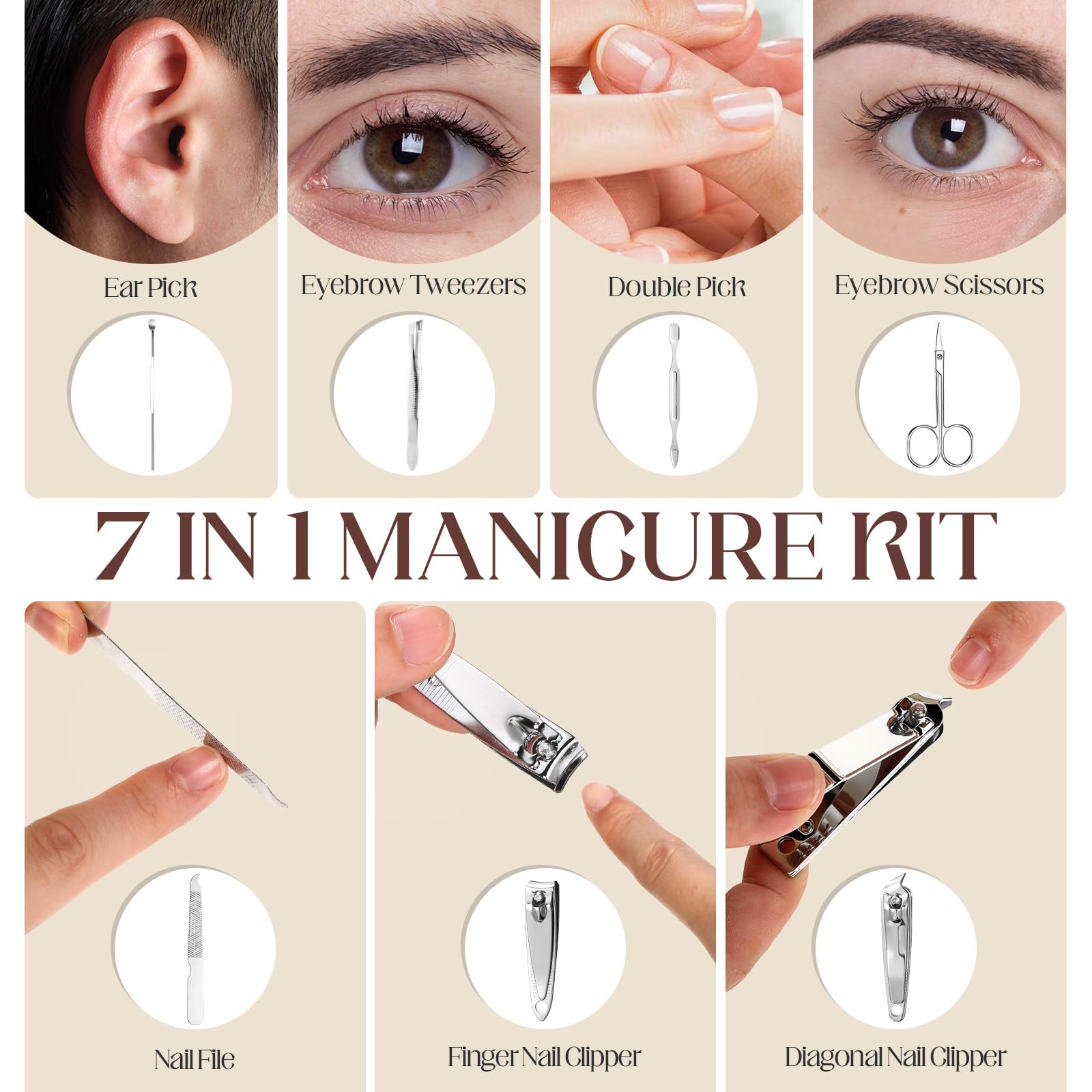 Geosar Juego de 50 piezas de manicura de viaje, cortaúñas, pedicura, herramientas profesionales para el cuidado de las uñas, de acero inoxidable, con estuche de viaje portátil, regalos para la familia