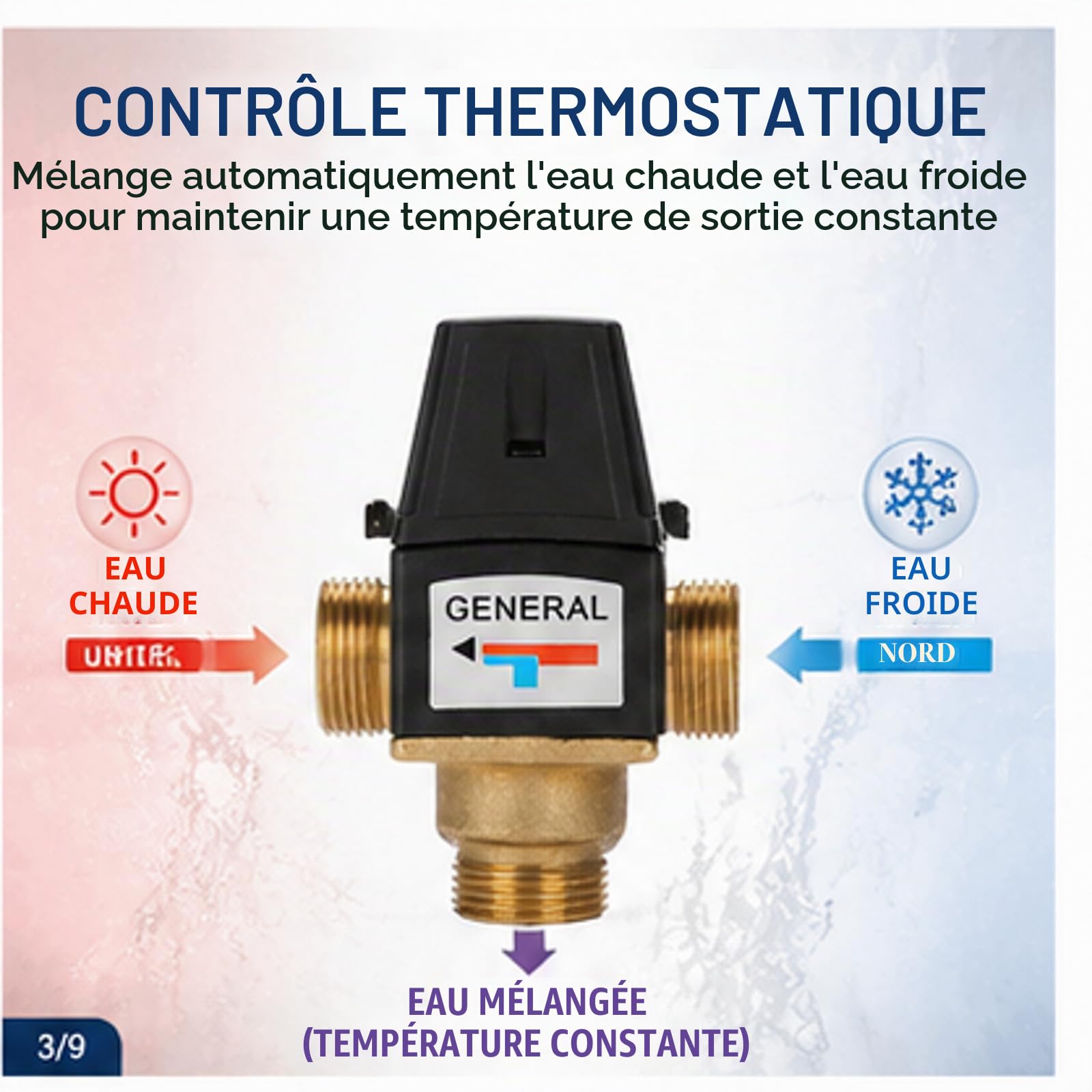 Vanne de Mélange D'eau Thermostatique, Vanne de Mélange D'eau en Laiton DN20 à Filetage Externe à Trois Voies pour Valve de Chauffe-eau Solaire ou Adaptée au Chauffage Par Le Sol