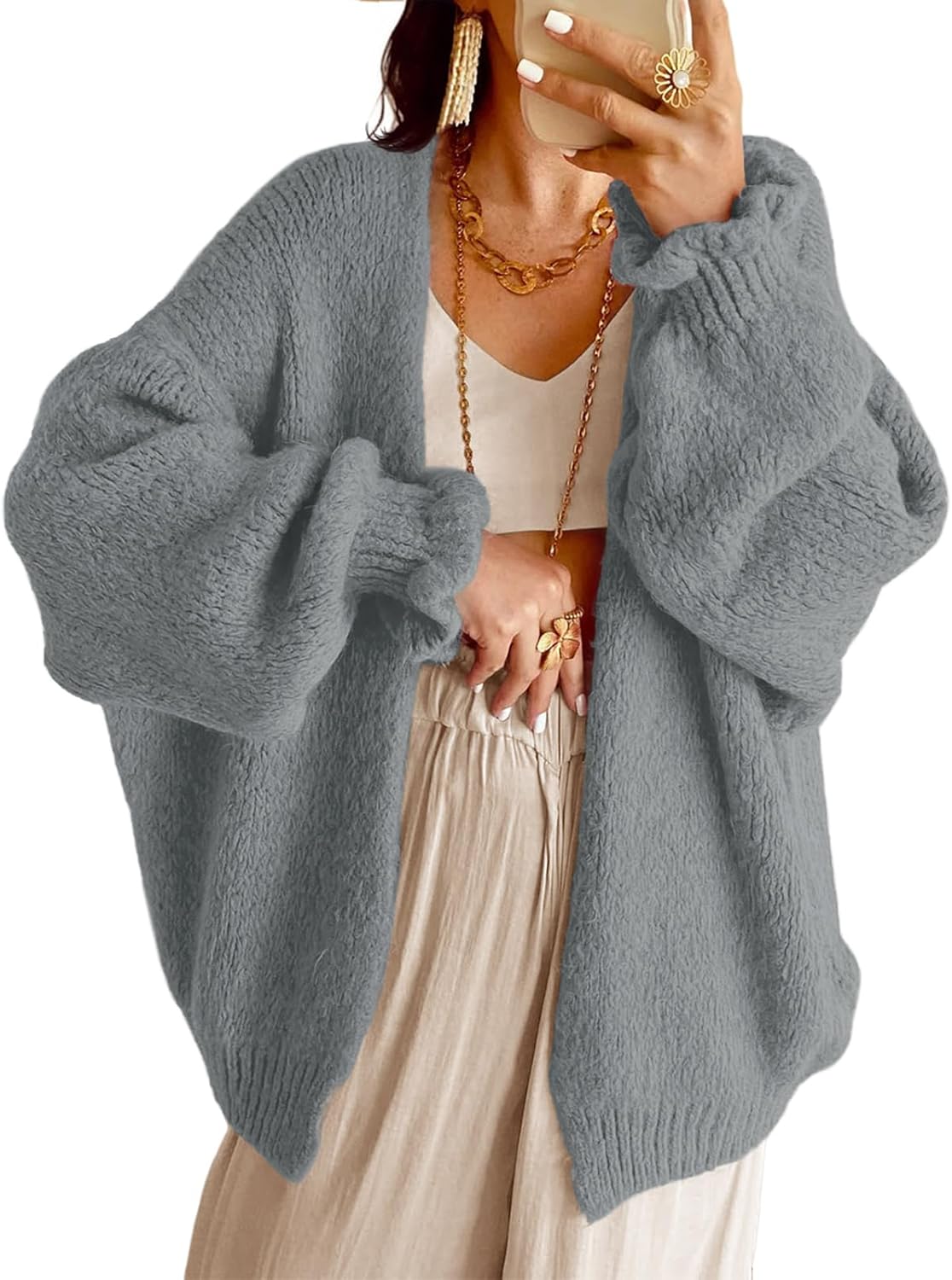 Saodimallsu Womens Oversized Open Front Cardigan Fall Ruffle Lantern Long Sleeve Chunky Knit Loose Sweater Coats