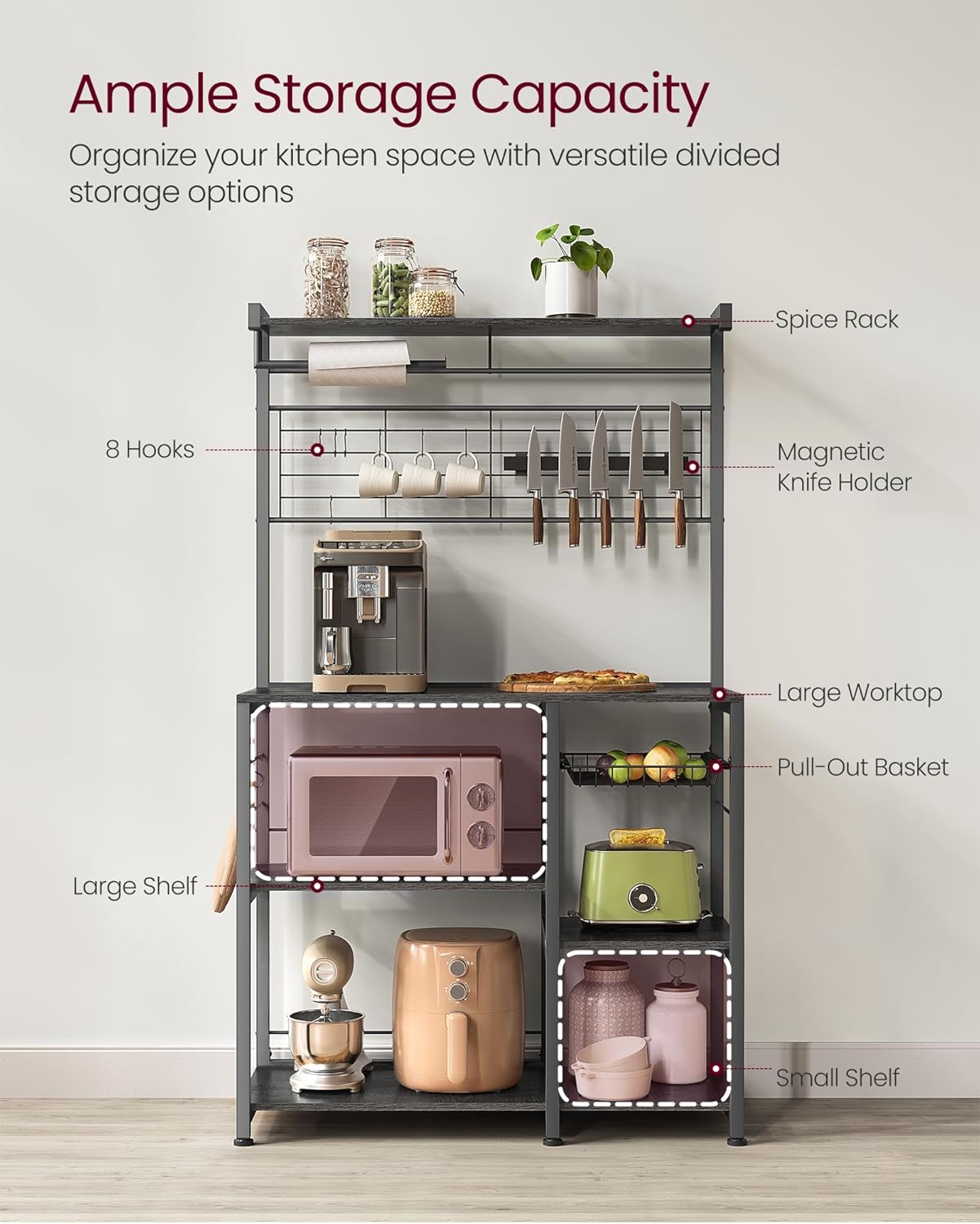 VASAGLE Bakers Rack with Magnetic Knife Holder, Paper Holder, Wire Basket, 8 Hooks, Organizers and Storage, Baker's Rack with Wire Basket, Ebonized Oak Finish and Black UKKS026B42