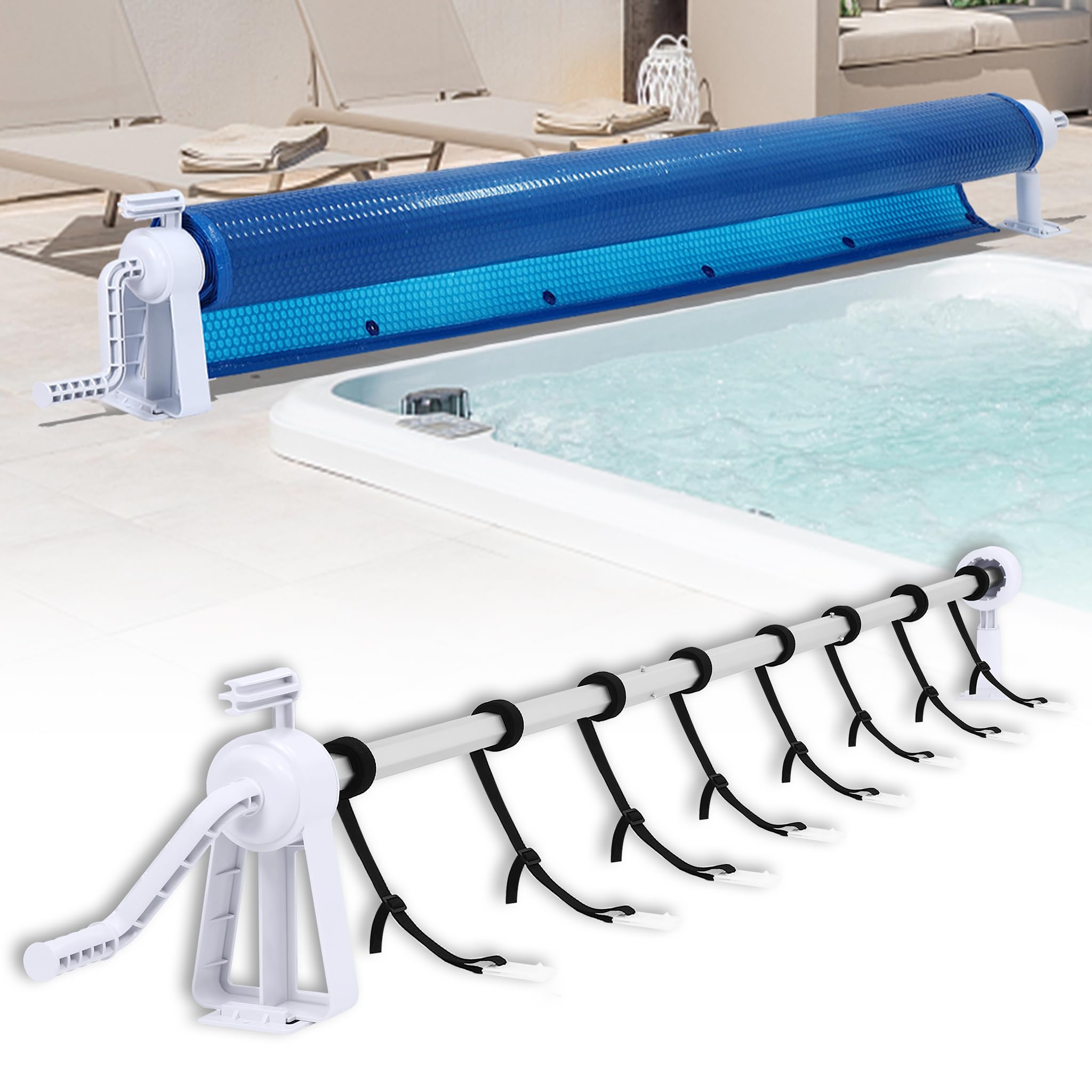 Kunststoff Aufrollsystem für Poolfolien Abdeckung 1,05m - 6,15 m Mobiles Aufrollvorrichtung Witterungsbeständig Pool Aufroller mit drehbarem Griff & Bänder aus witterungsbeständiges Material
