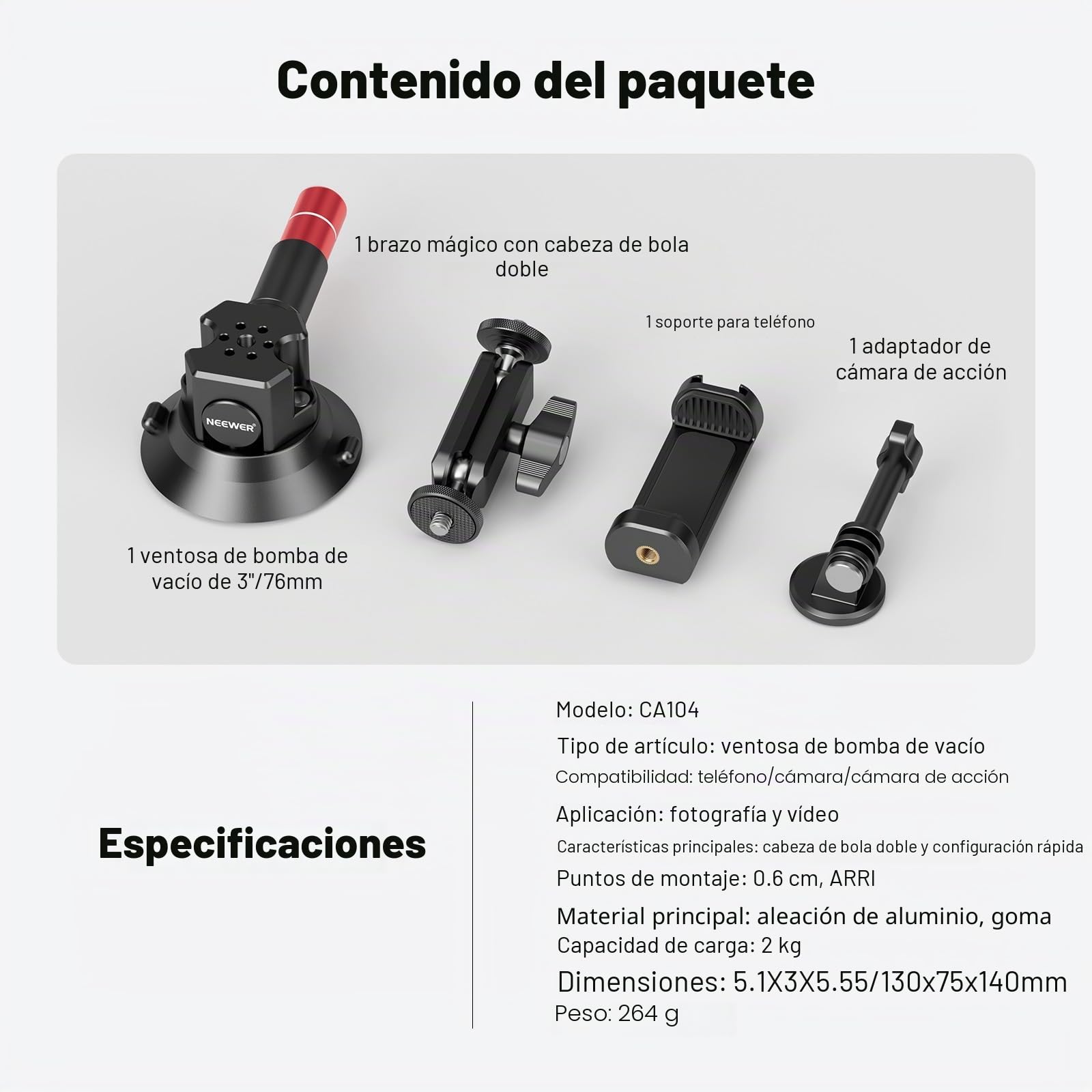 NEEWER Soporte de cámara con ventosa de 3 pulgadas con brazo mágico de cabeza esférica, agujeros ARRI de 1/4 pulgadas, soporte de coche de liberación rápida con soporte y adaptador de cámara de acción