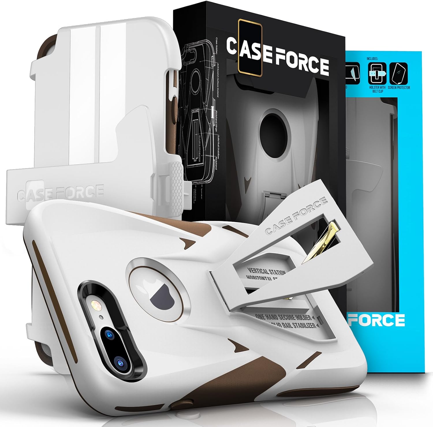 iPhone 7 Plus Case, CASE FORCE [Velocity Series] World's First High Velocity Impact Resistance Case, Built-in Kickstand + Swivel Belt Clip Holster + Screen Protector for iPhone 7 Plus (White/Brown)
