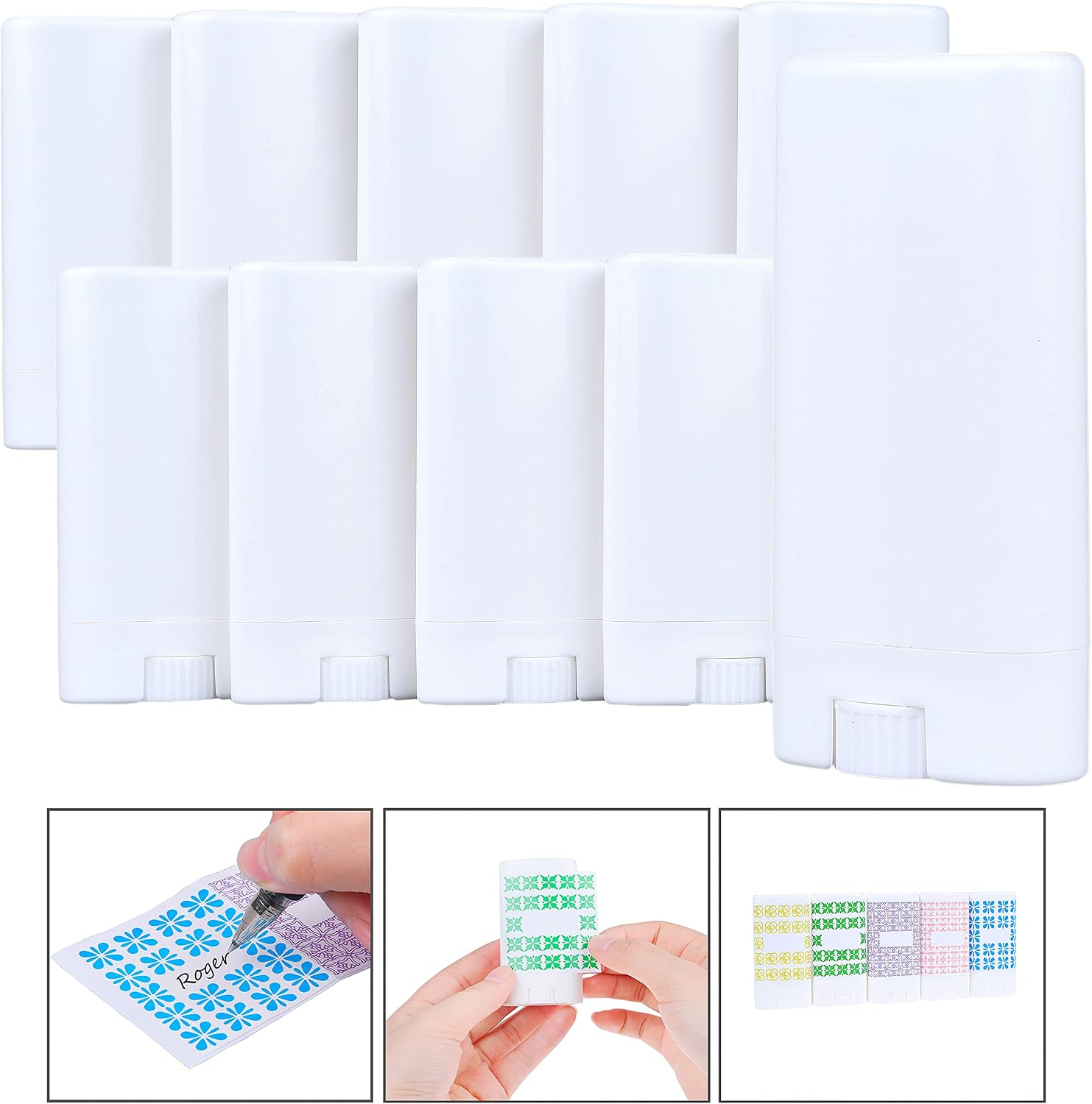 Deodorant Containers (10-Pack) - White - 0.5 Oz (15 ml) - 20 Writable Stickers - Twist Mechanism and Cap - Empty - Refillable Cosmetic Containers for Homemade Natural Deodorant, Lip Balm, Soap, etc.