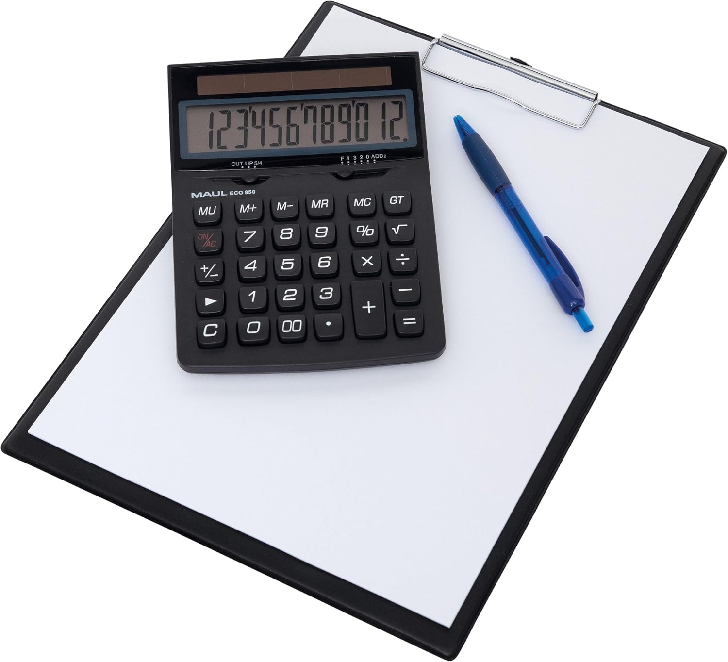 MAUL Eco 850 Desktop Calculator placed on a wooden desk next to a clipboard and a blue pen.