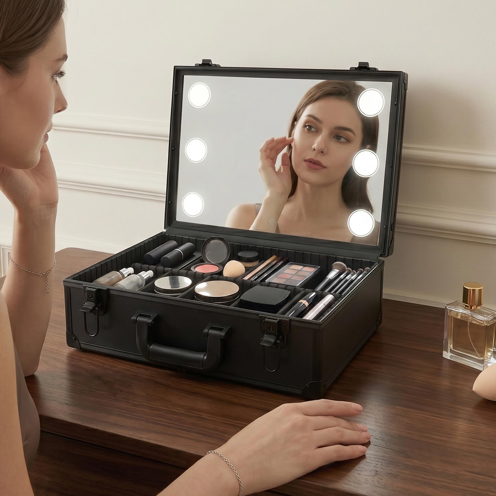 Maletín de maquillaje, neceser de cosméticos, organizador de maquillaje profesional, caja de almacenamiento de cosméticos, luces regulables y espejos, almacenamiento de joyas