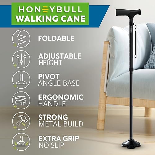 Miniatura 6 de HONEYBULL Paquete doble de bastón para hombres y mujeres, plegable, ajustable, plegable, bastón de pie, punta de pivote, resistente, bastones