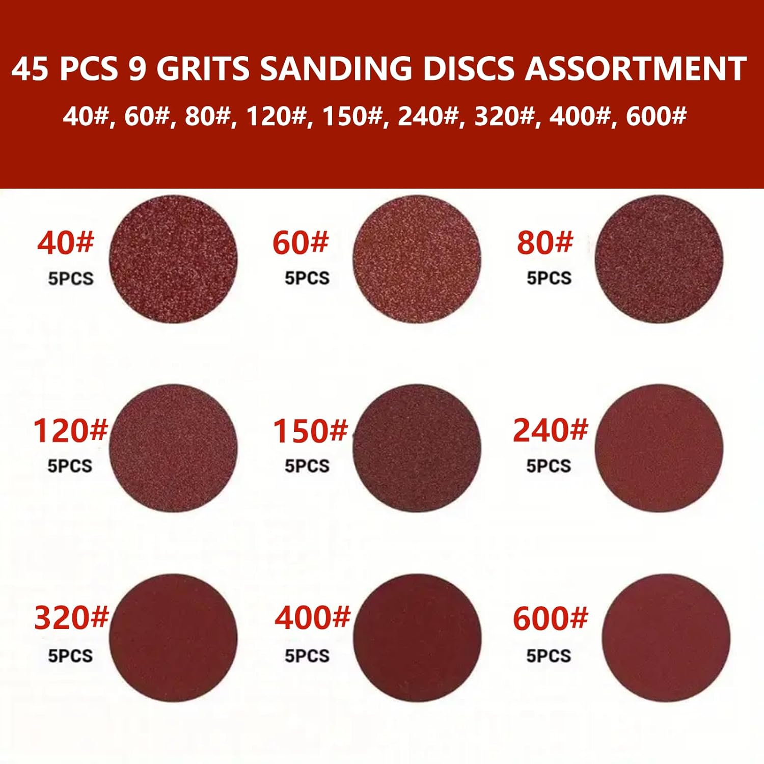 45PCS 5-Inch Sanding Discs – Assorted 9 Grits Hook & Loop Sandpaper for Woodworking, Metal Refinishing, Surface Smoothing & Paint Prep, Compatible with Power Sanders