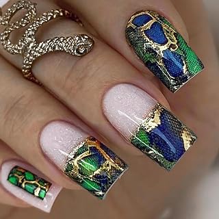 24Pcs Square Press on Nails Blue and Green Fake Nails Glossy Acrylic Nails Medium False Nails with Snake Patterns & Gold Foil Designs Stick on Nails for Women and Girls Jelly Press on Nails