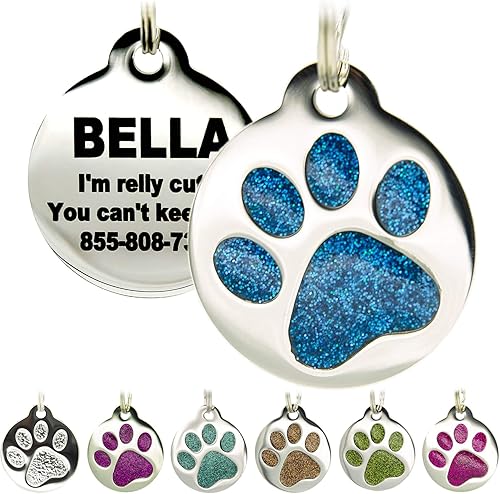 Miniatura 7 de Etiqueta grabada para mascotas para perros y gatos, personalizada con 4 líneas de identificación grabada, huella de pata redonda, acero inoxidable