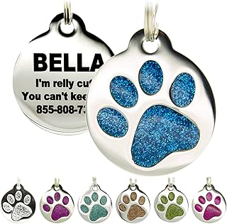 Engraved Pet Tag for Dogs & Cats - Personalized with 4 Lines of Custom Engraved ID, Round Paw Print Stainless Steel Enameled in 6 Colors: Ocean Blue, Aquamarine, Deep Pink, Magenta, Pale Green, Amber