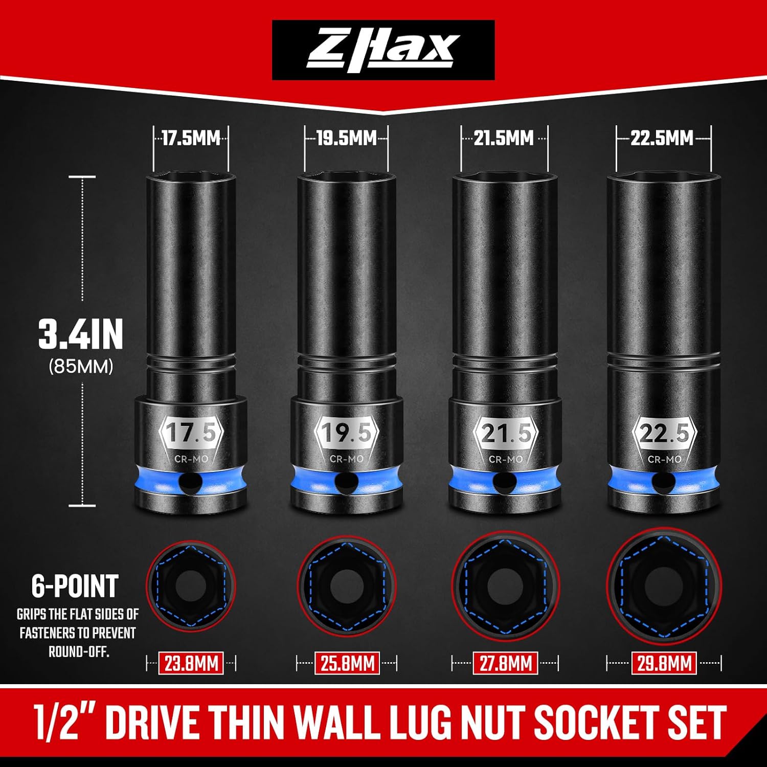 1/2" Drive Thin Wall Lug Nut Socket Set, 4 PCS Half Size Metric Impact Wheel Socket,17.5mm, 19.5mm, 21.5mm, and 22.5mm, Cr-Mo Steel with Storage Case