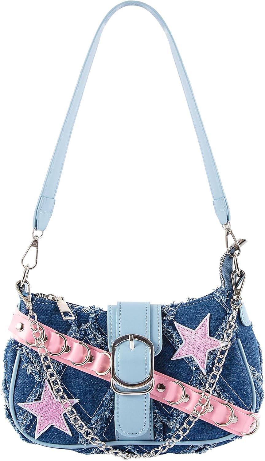 Cute Y2k Purse Denim for Women, Star Embroidery Pattern Denim Purse with Chain Strap Shoulder Bag, Cute Mini Jean Purse