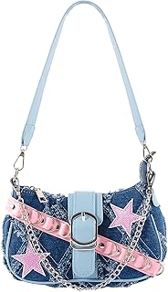 MJFSGYO Denim Purse for Women, Star Embroidery Pattern Y2k Purse with Chain Strap Jean Bag, Cute Denim Tote Bag for Women