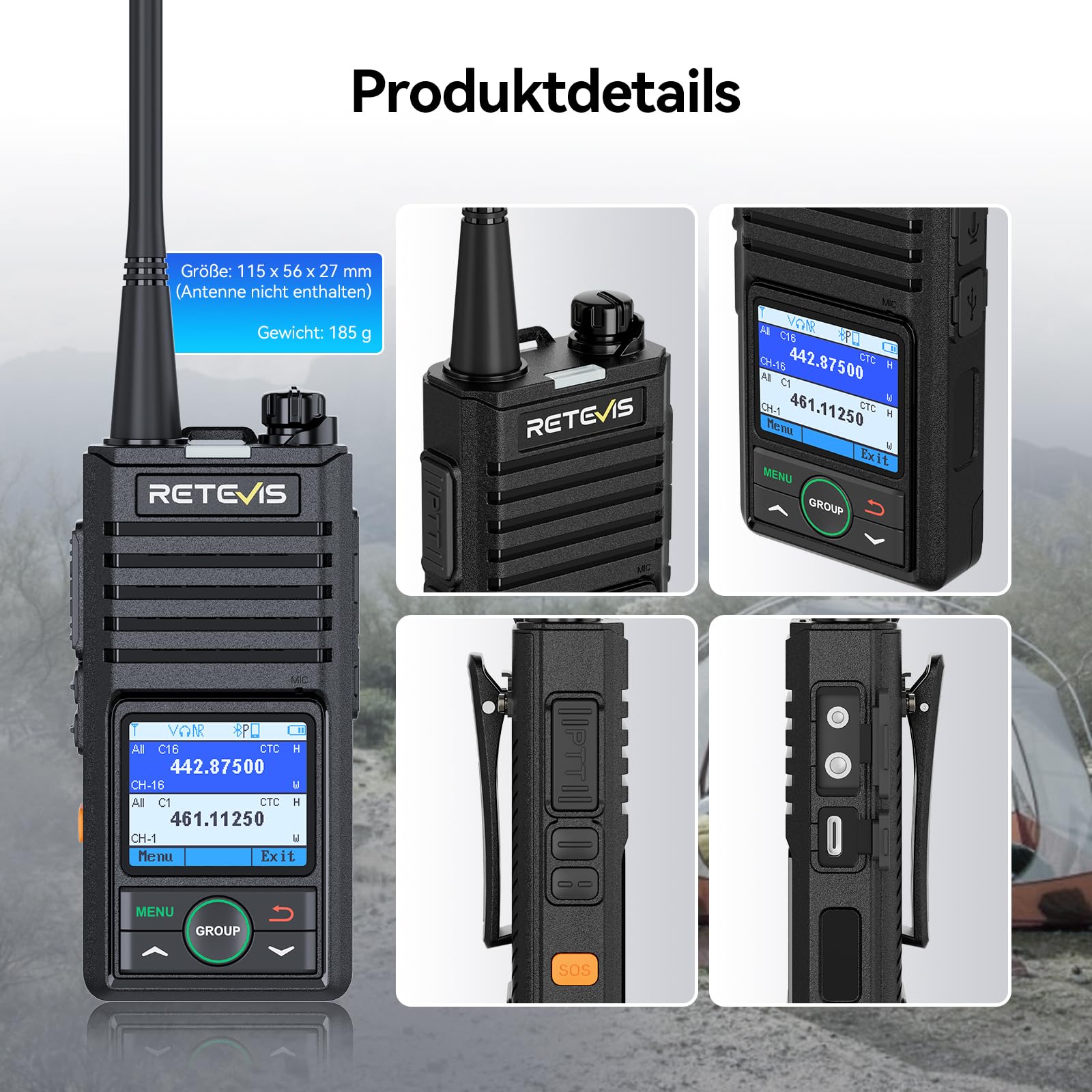Retevis RB658 Walkie Talkie, Funkgerät mit LCD-Bildschirm, App Steuerung, 1800 mAh, mit kabellosem Ohrhörer, für Flotten, Fahrzeugfahren (2 Stück, Schwarz)