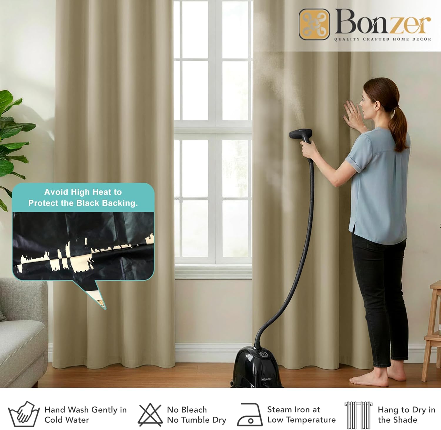 BONZER 100% Blackout Curtains 84 inches Long - 4 Panels Sun Light Blocking Window Drapes, Single Layer Privacy Protection Room Darkening Curtain with Black Backing for Bedroom/Living Room, Taupe