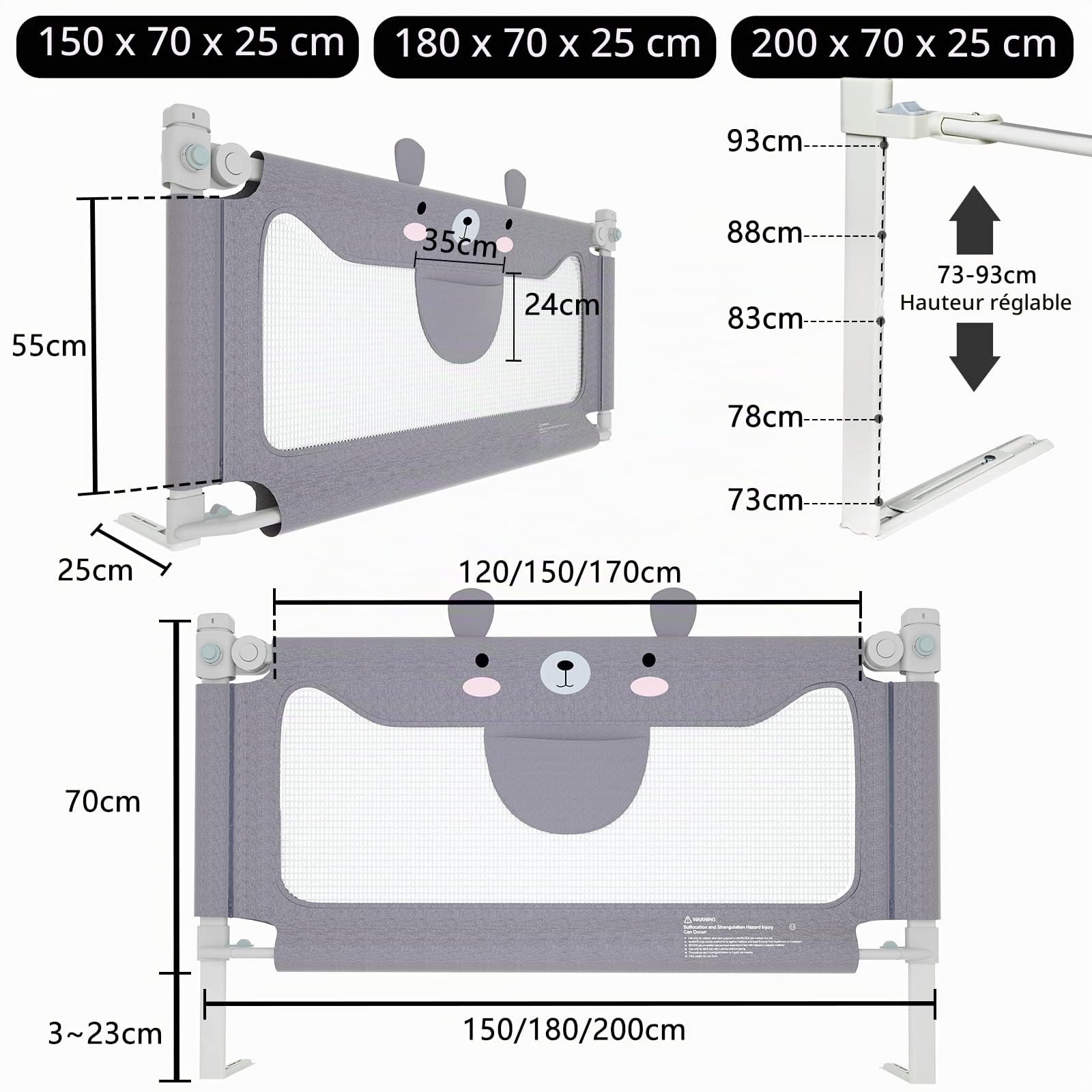 UISEBRT Barrière de lit pour enfants, 180 cm, réglable en hauteur, protection anti-chute, gris